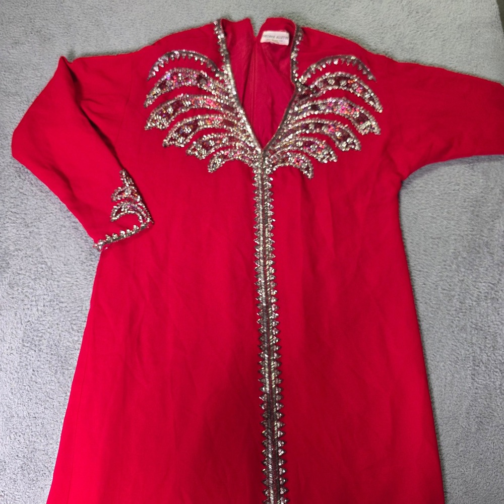 George Allette Womens 16 Maxi Dress Red Beaded Long Sleeve Vintage Gown HK